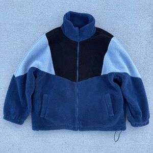 Vintage Style Colorblock Sherpa Fleece Jacket Navy Blue Gorpcore Full Zip Unisex